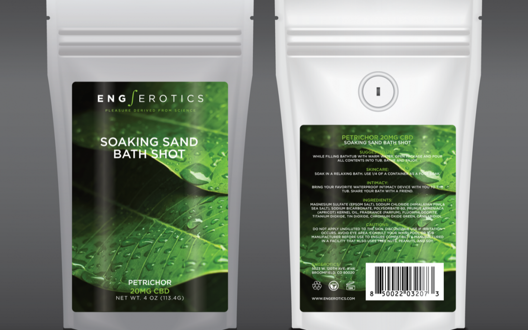 Soaking Sand Bath Shot Petrichor white stand up pouch with green leaf and dew drops on label