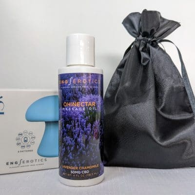 'Shroom intimacy device with Lavender Chamomile Oh!Nectar and black satin bag